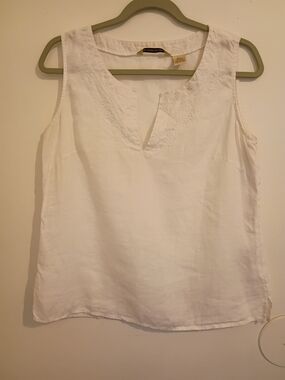 Ecologie Women's White Linen Embroidered V-Notch Tank Top Sz L